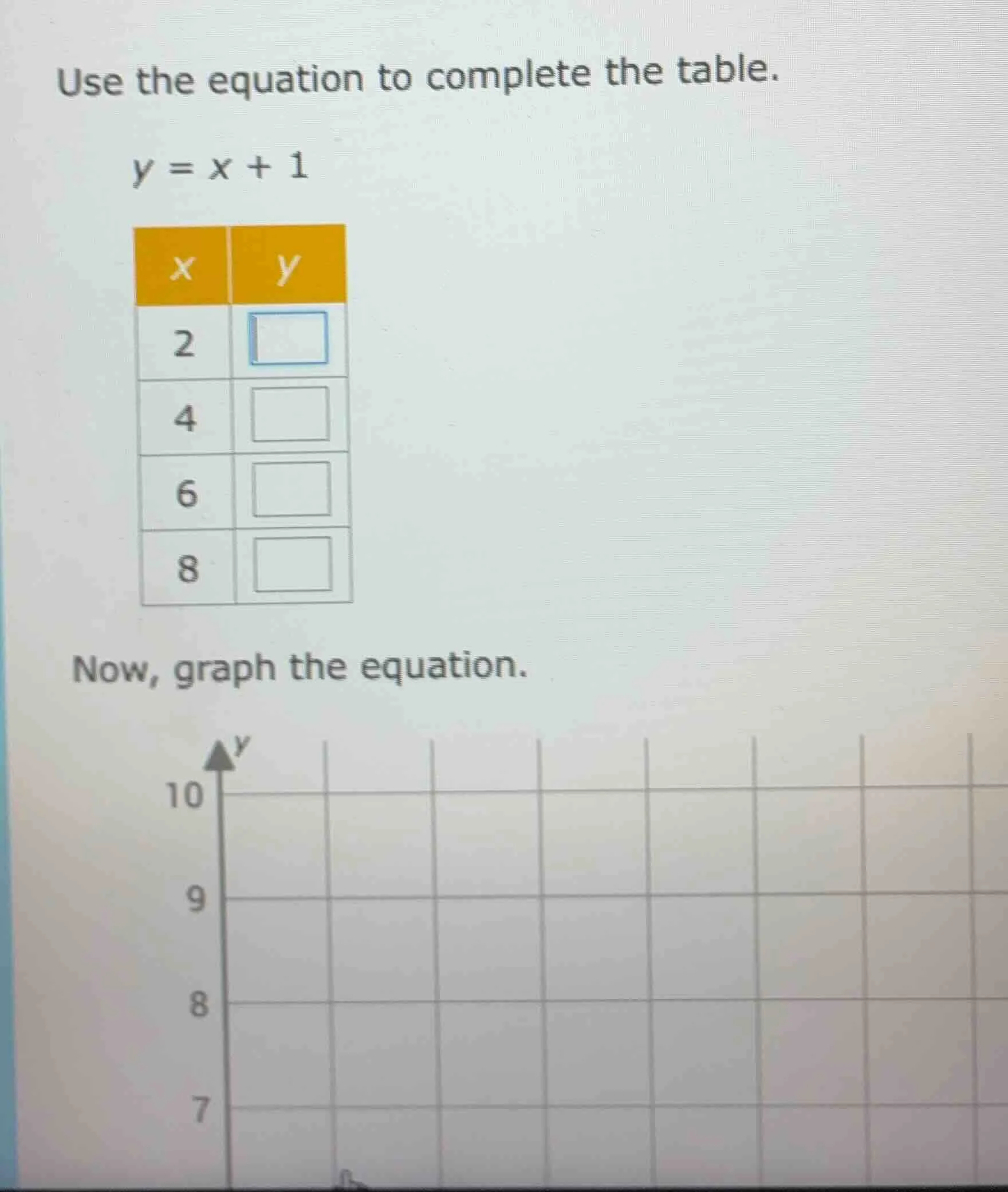 use the equation to complete the table. $y = x + 1$ | $x$ | $y$ | | ---…