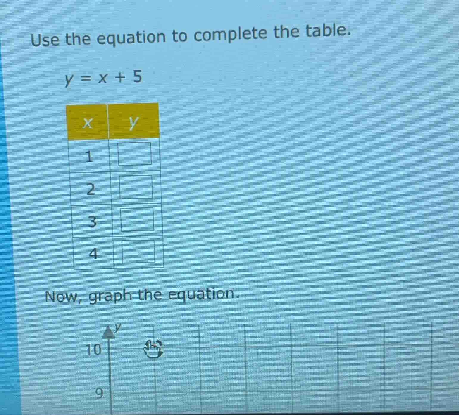 use the equation to complete the table. $y = x + 5$ | x | y | |----|---…