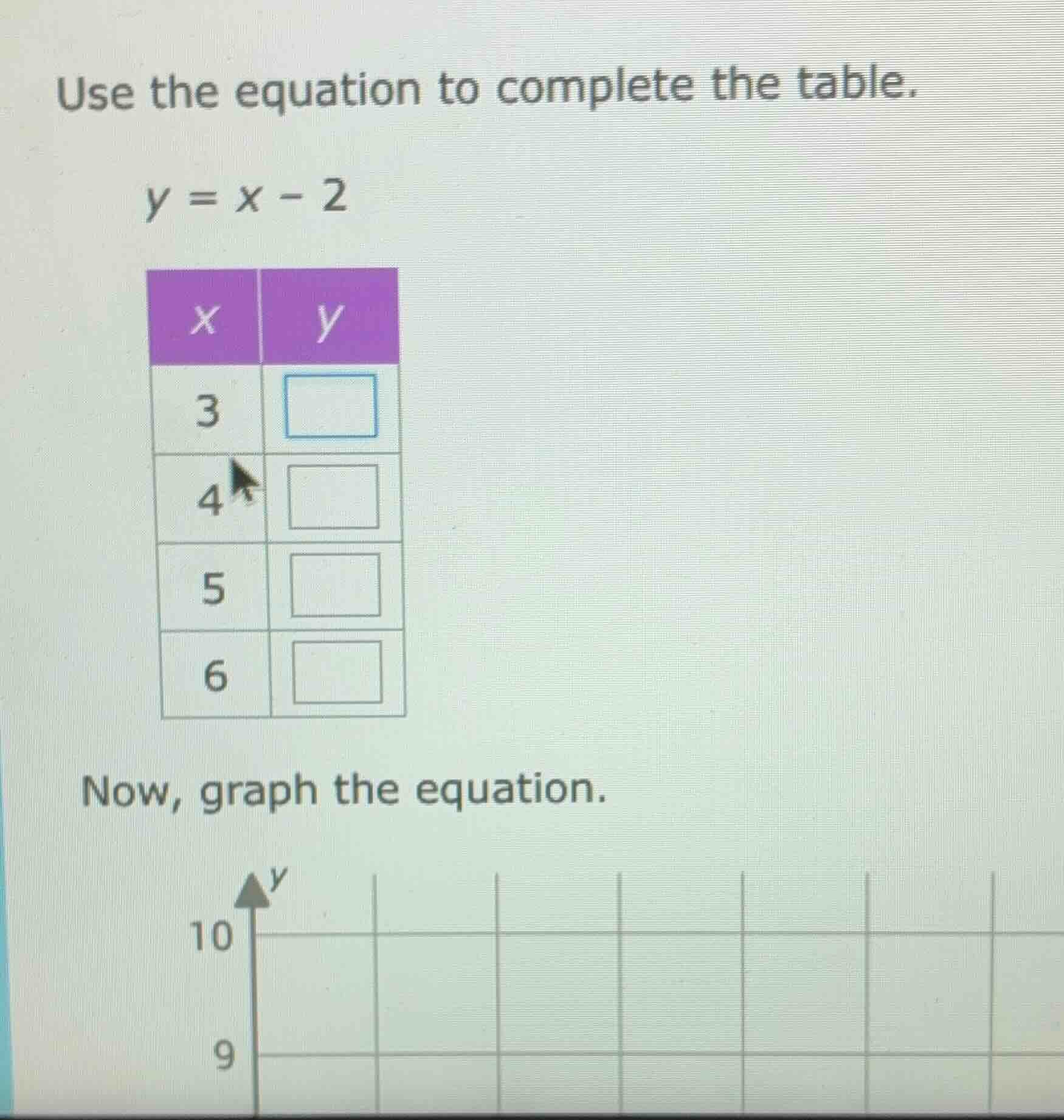 use the equation to complete the table. y = x - 2 now, graph the equati…