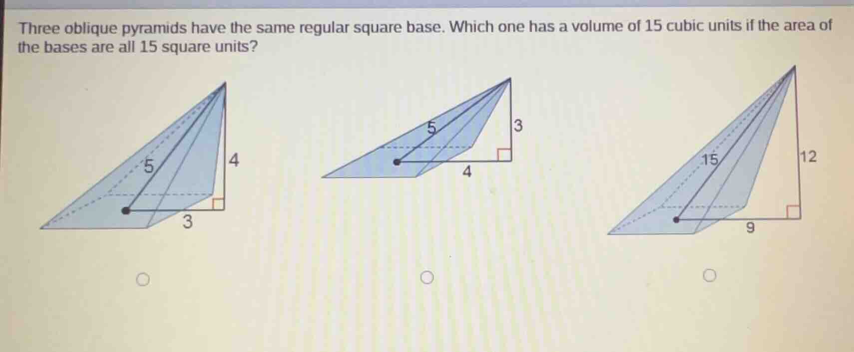 three oblique pyramids have the same regular square base. which one has…