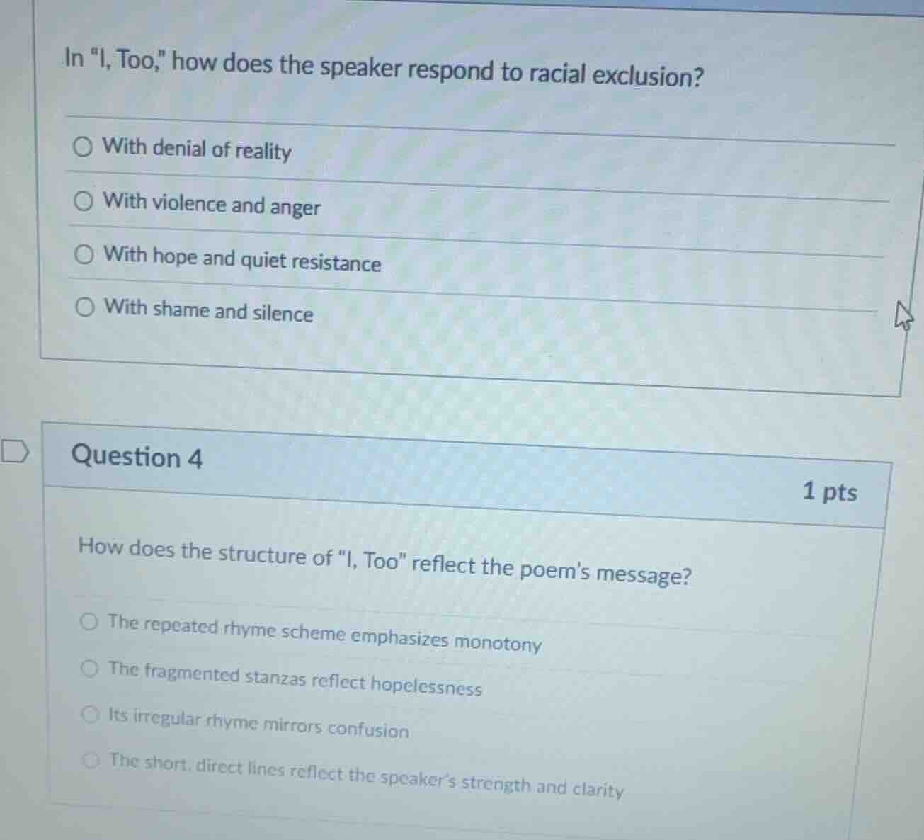 in \i, too,\ how does the speaker respond to racial exclusion? with den…