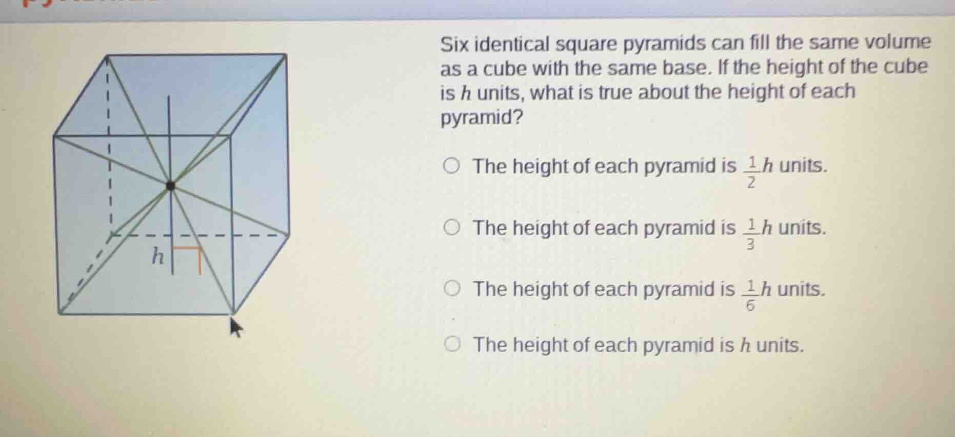 six identical square pyramids can fill the same volume as a cube with t…