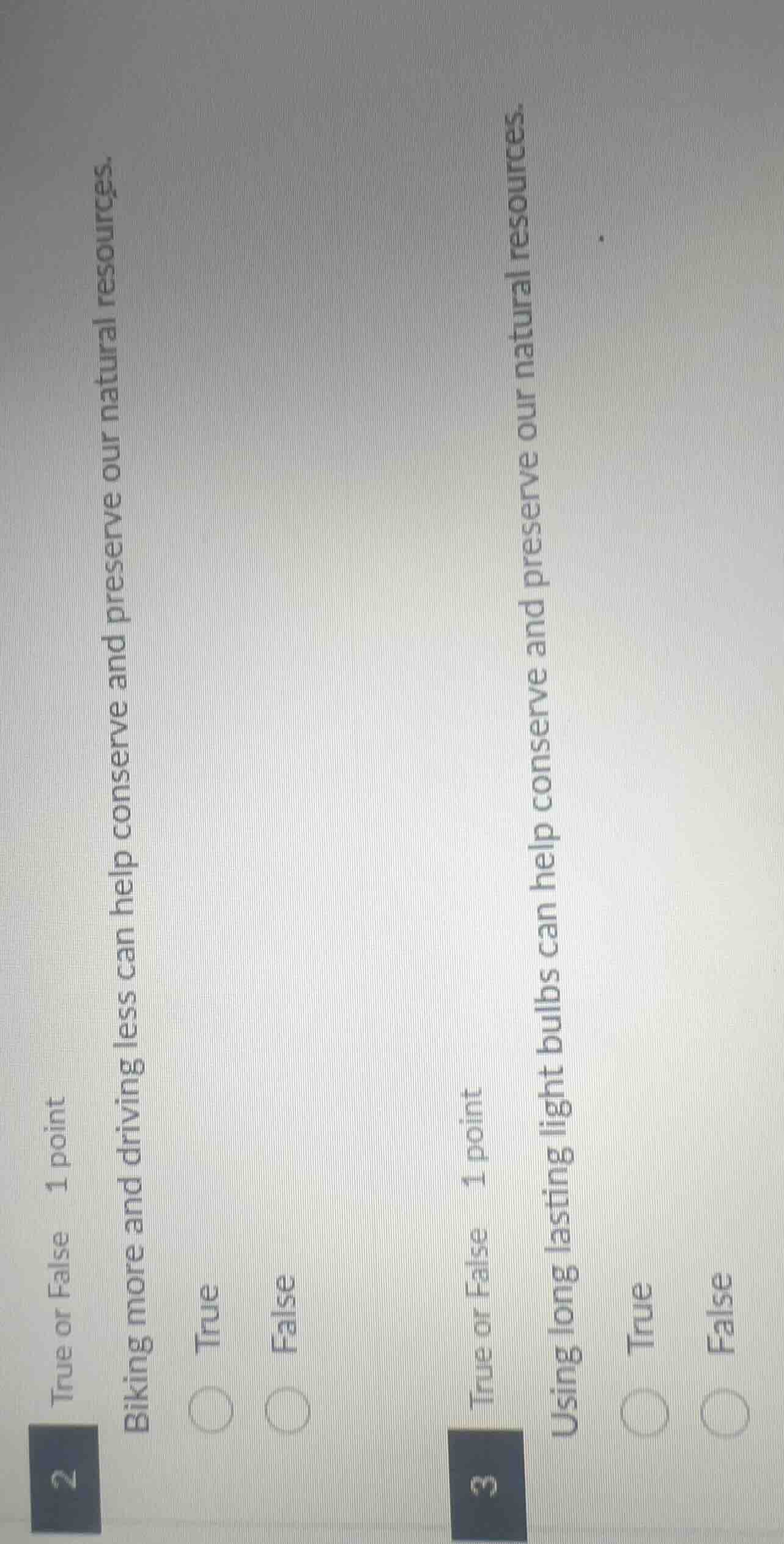 2 true or false 1 point biking more and driving less can help conserve …