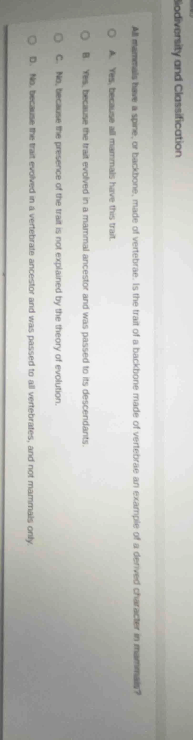 biodiversity and classification all mammals have a spine, or backbone, …