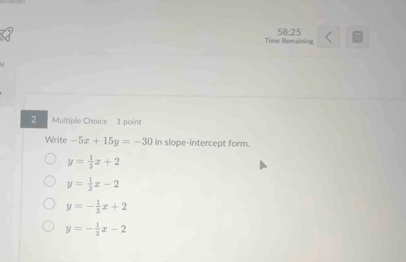 2 multiple choice 1 point write $-5x + 15y = -30$ in slope - intercept …