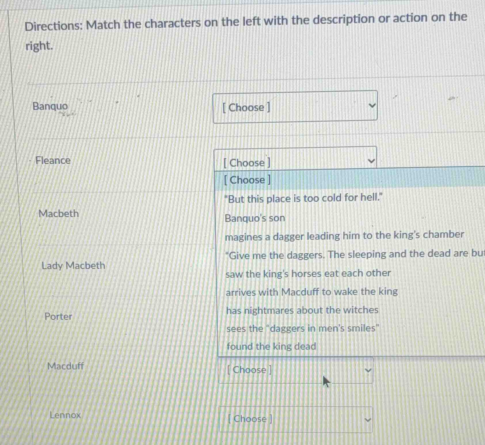 directions: match the characters on the left with the description or ac…