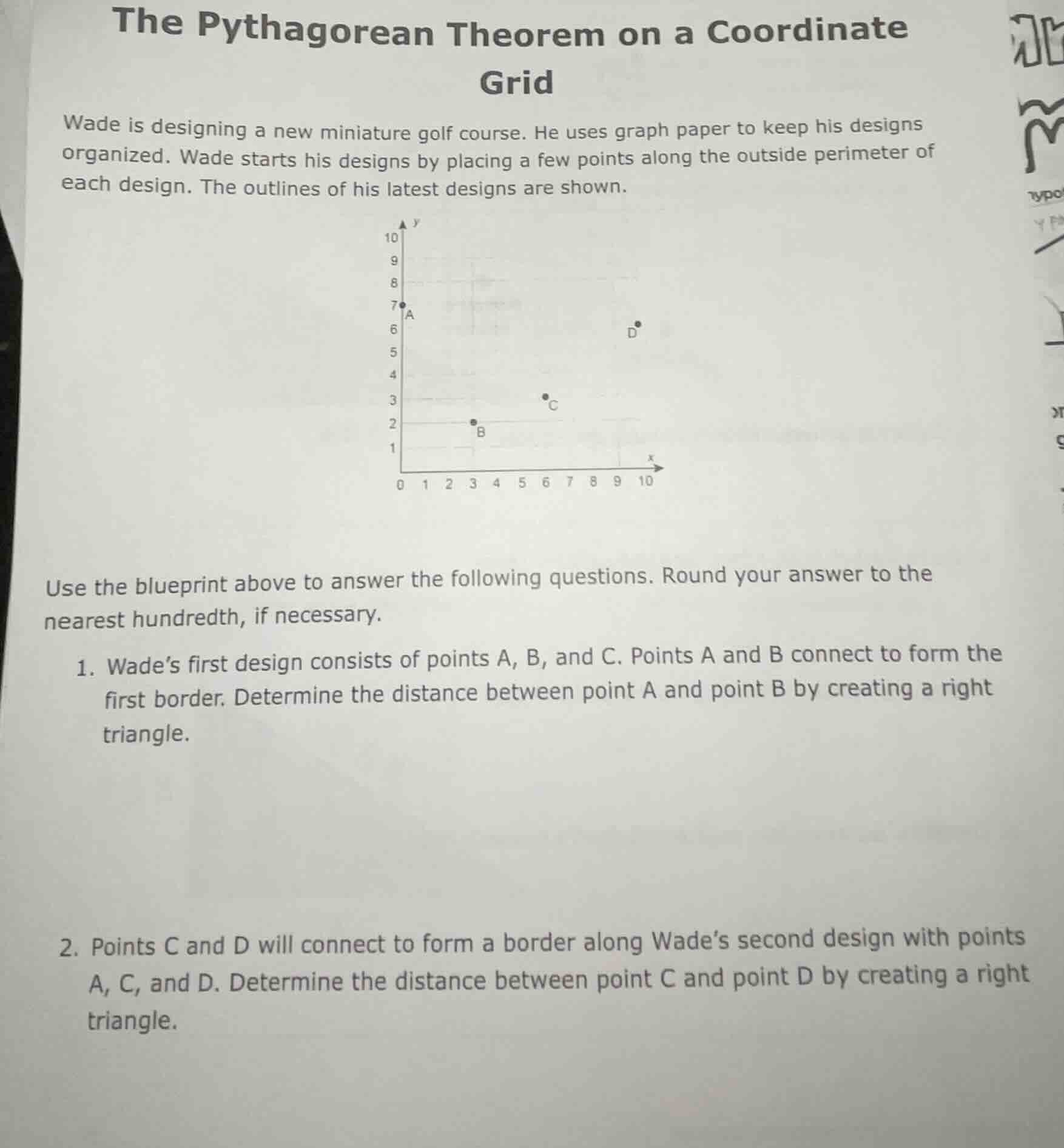 the pythagorean theorem on a coordinate grid wade is designing a new mi…
