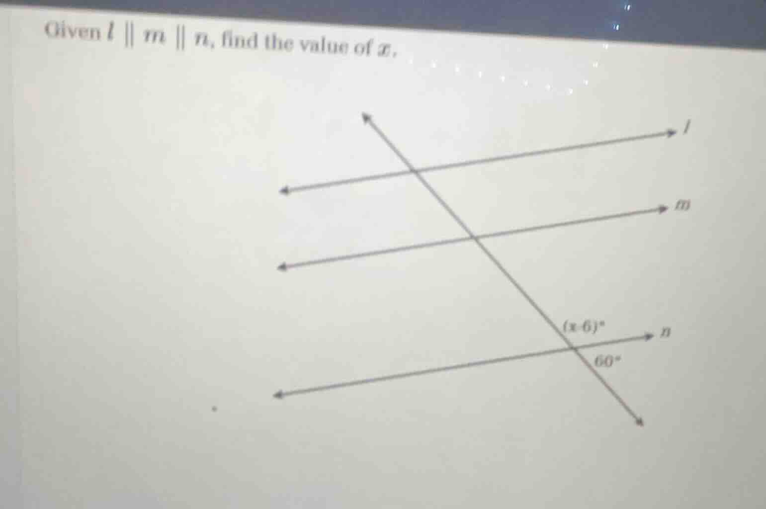given ( l parallel m parallel n ), find the value of ( x ).