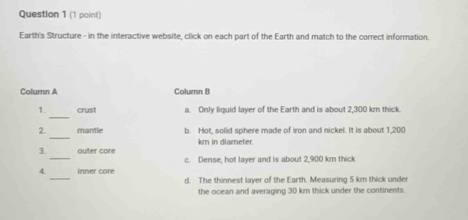 question 1 (1 point) earths structure - in the interactive website, cli…
