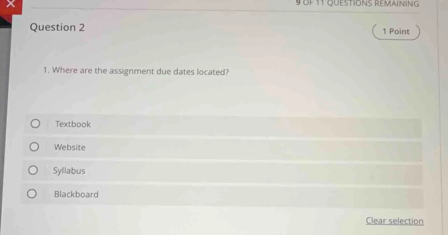 question 2 (1 point) 1. where are the assignment due dates located? ○ t…