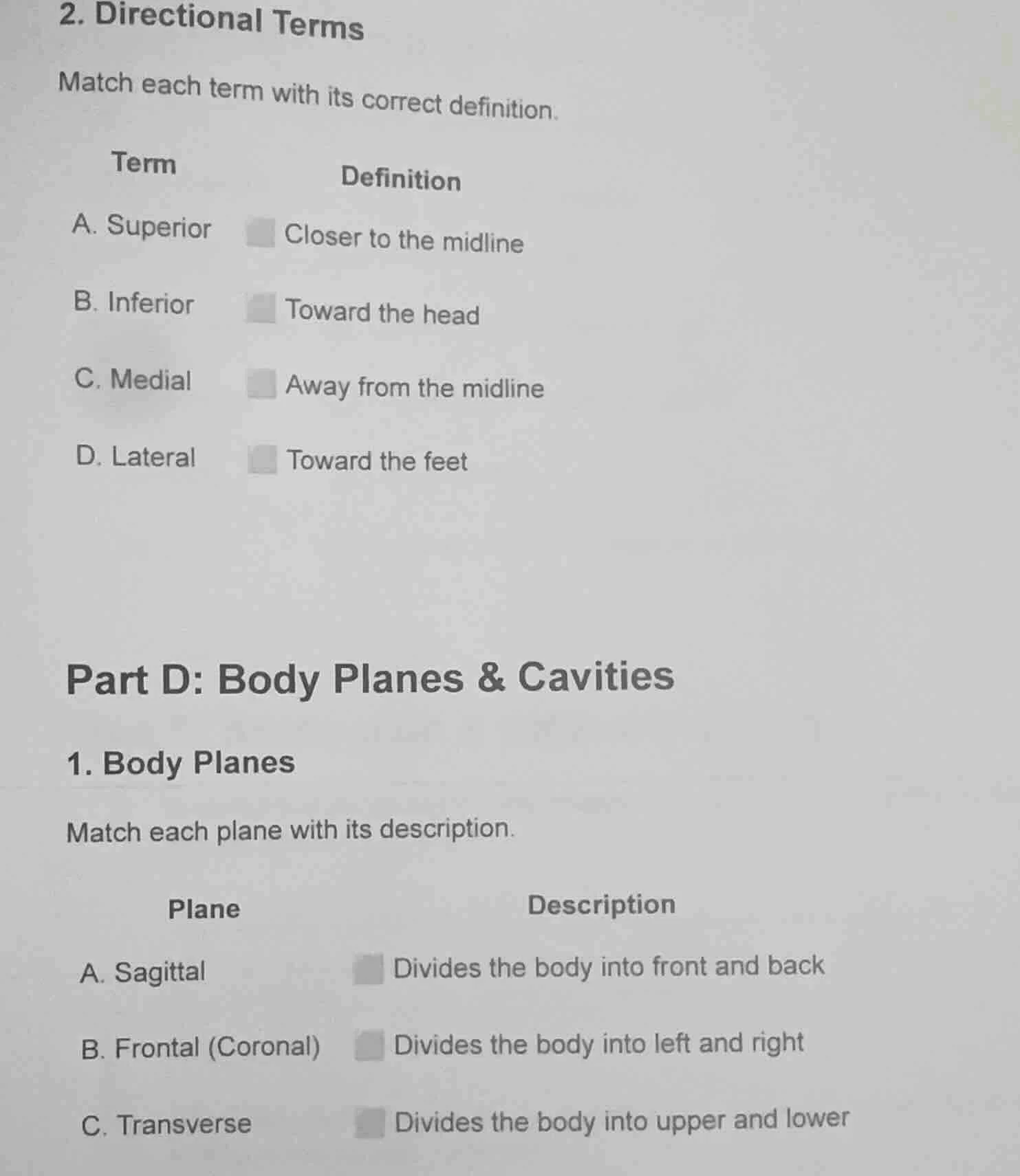 2. directional terms match each term with its correct definition. term\…