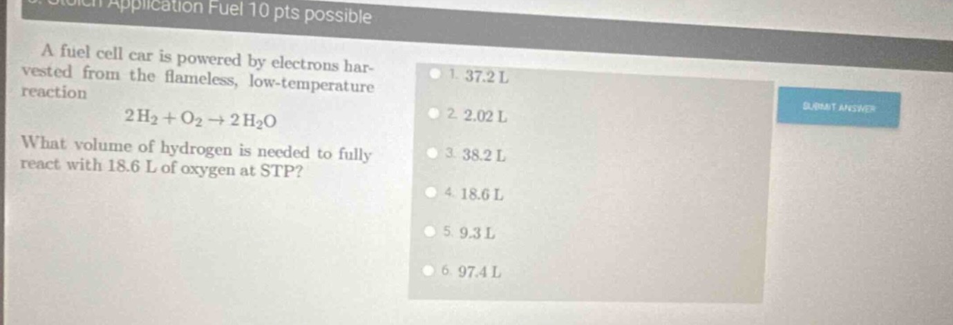 application fuel 10 pts possible a fuel cell car is powered by electron…