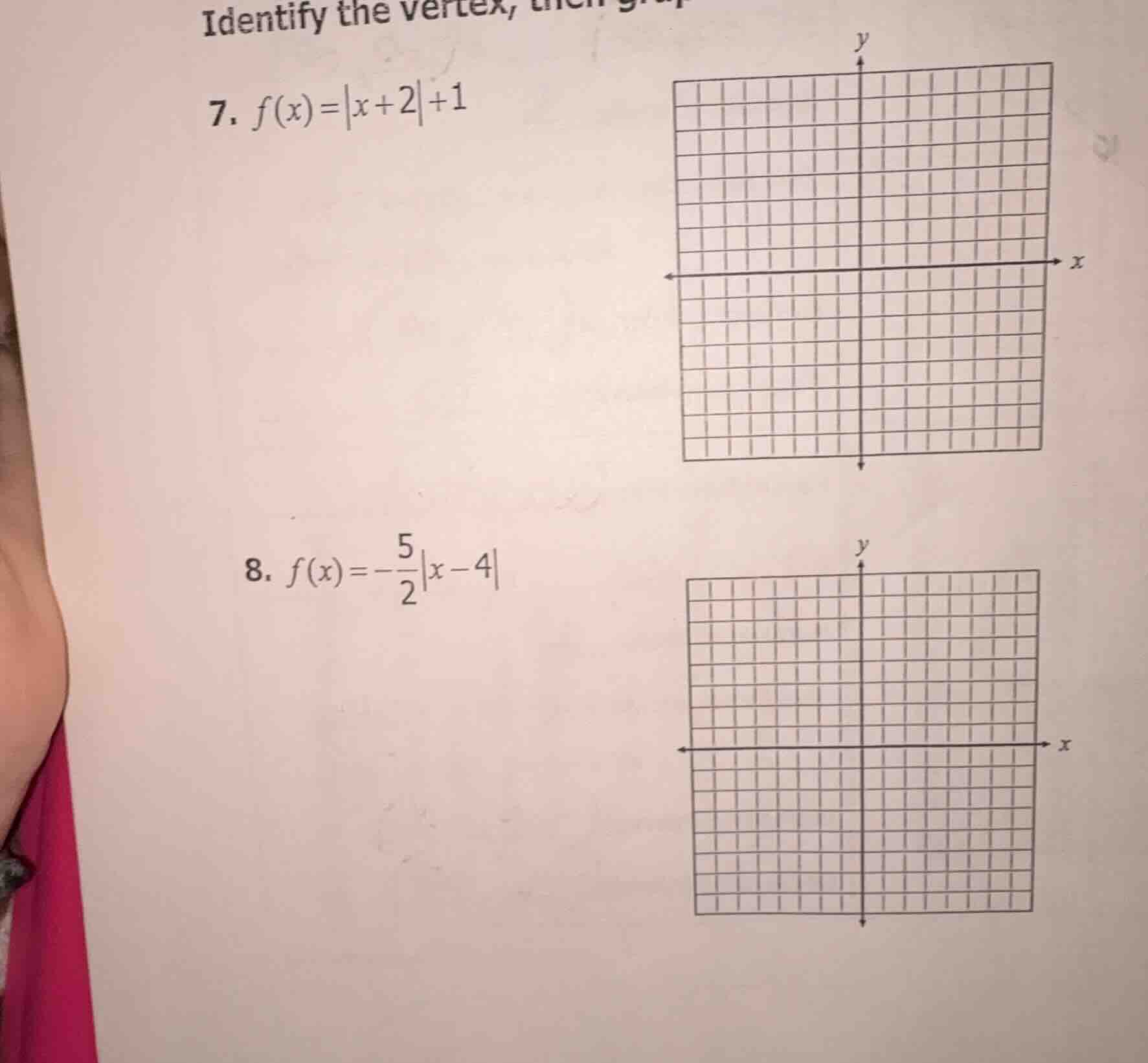 identify the vertex, then graph 7. $f(x)=|x + 2|+1$ 8. $f(x)=-dfrac{5}{…