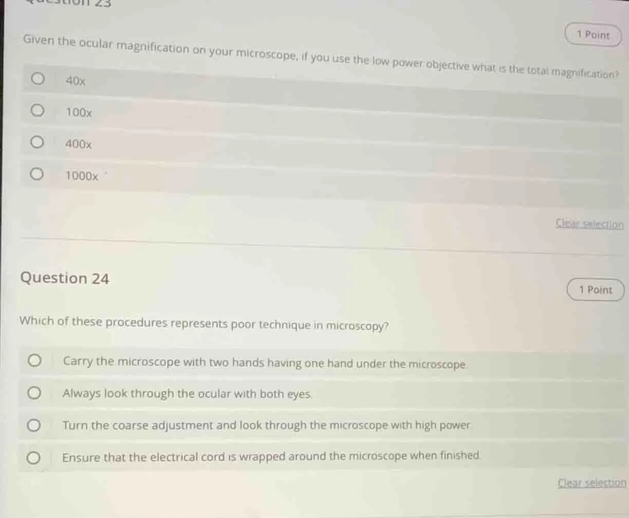question 23 1 point given the ocular magnification on your microscope, …
