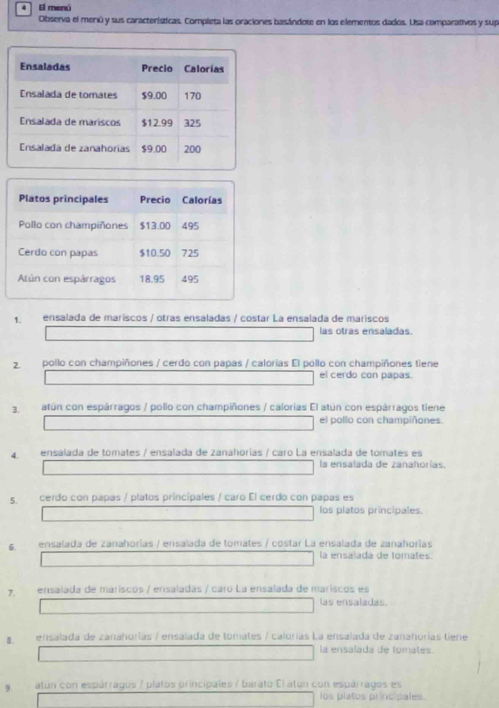 el menú observa el menú y sus características. completa las oraciones b…