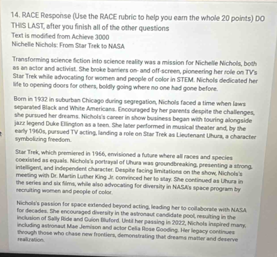 14. race response (use the race rubric to help you earn the whole 20 po…
