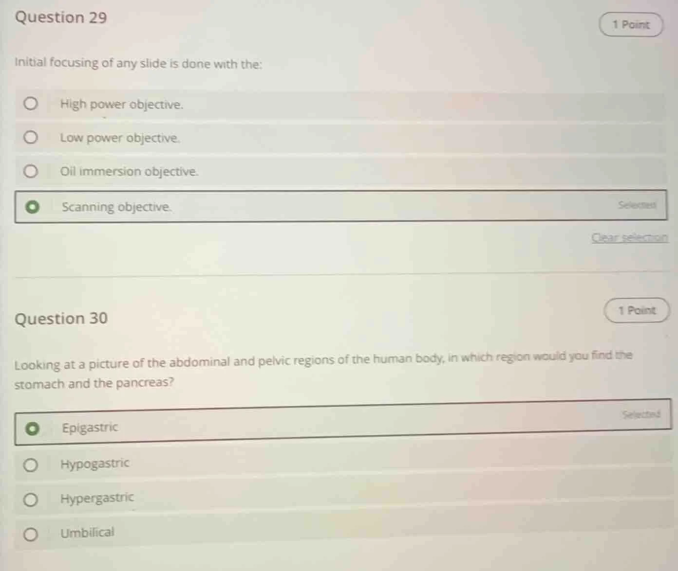 question 29 1 point initial focusing of any slide is done with the: hig…