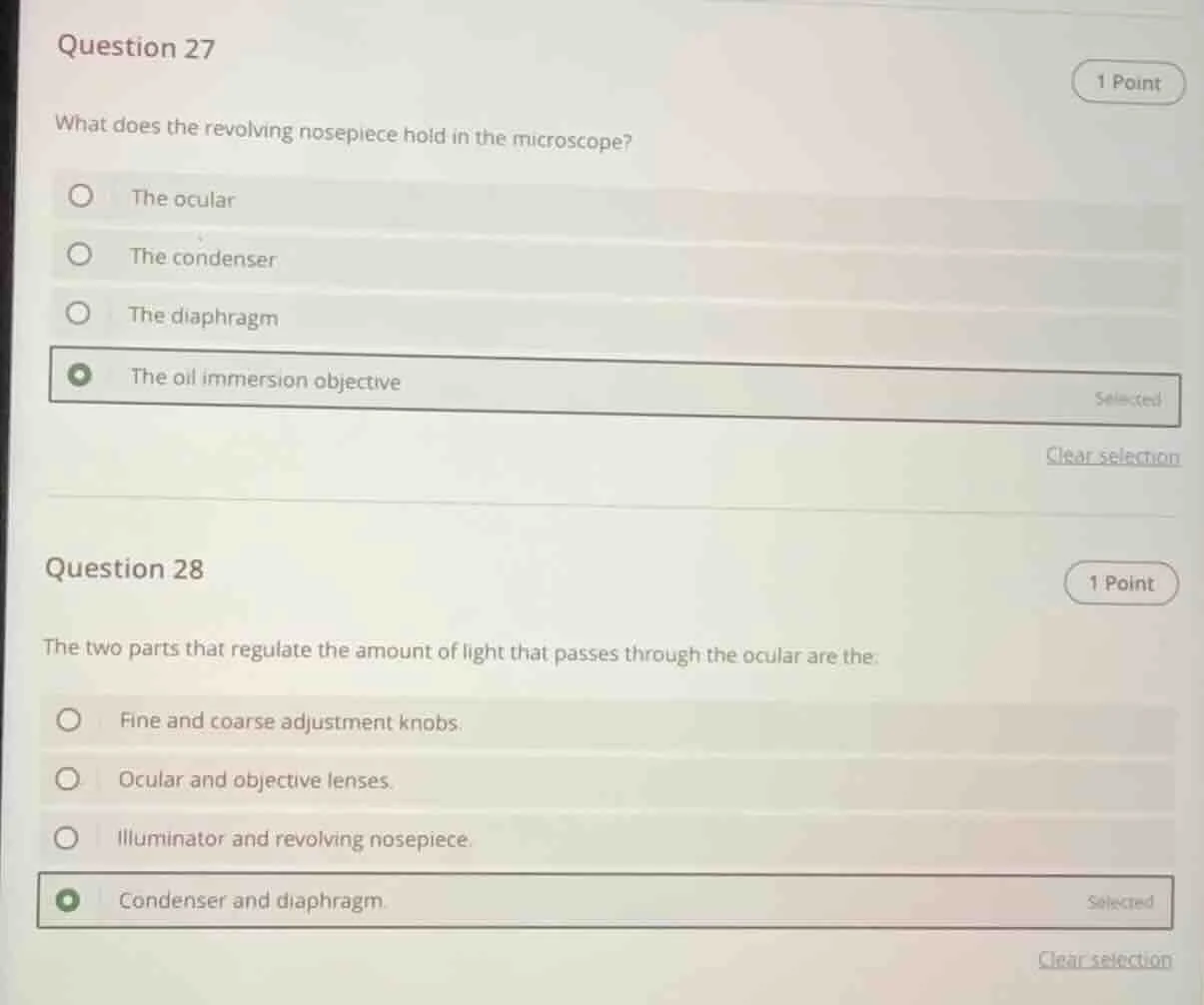 question 27 1 point what does the revolving nosepiece hold in the micro…