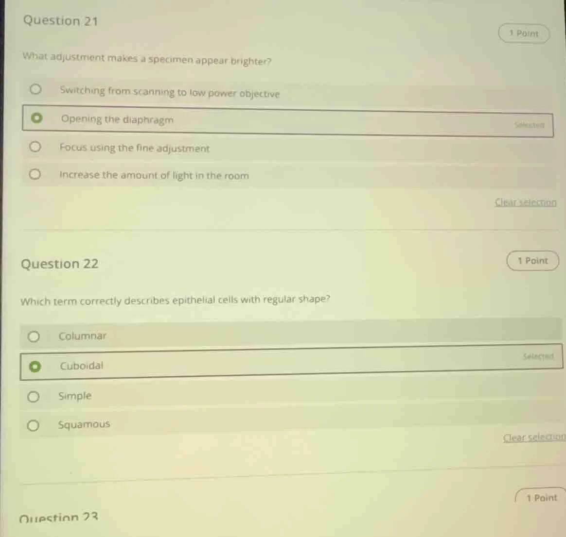 question 21 1 point what adjustment makes a specimen appear brighter? -…