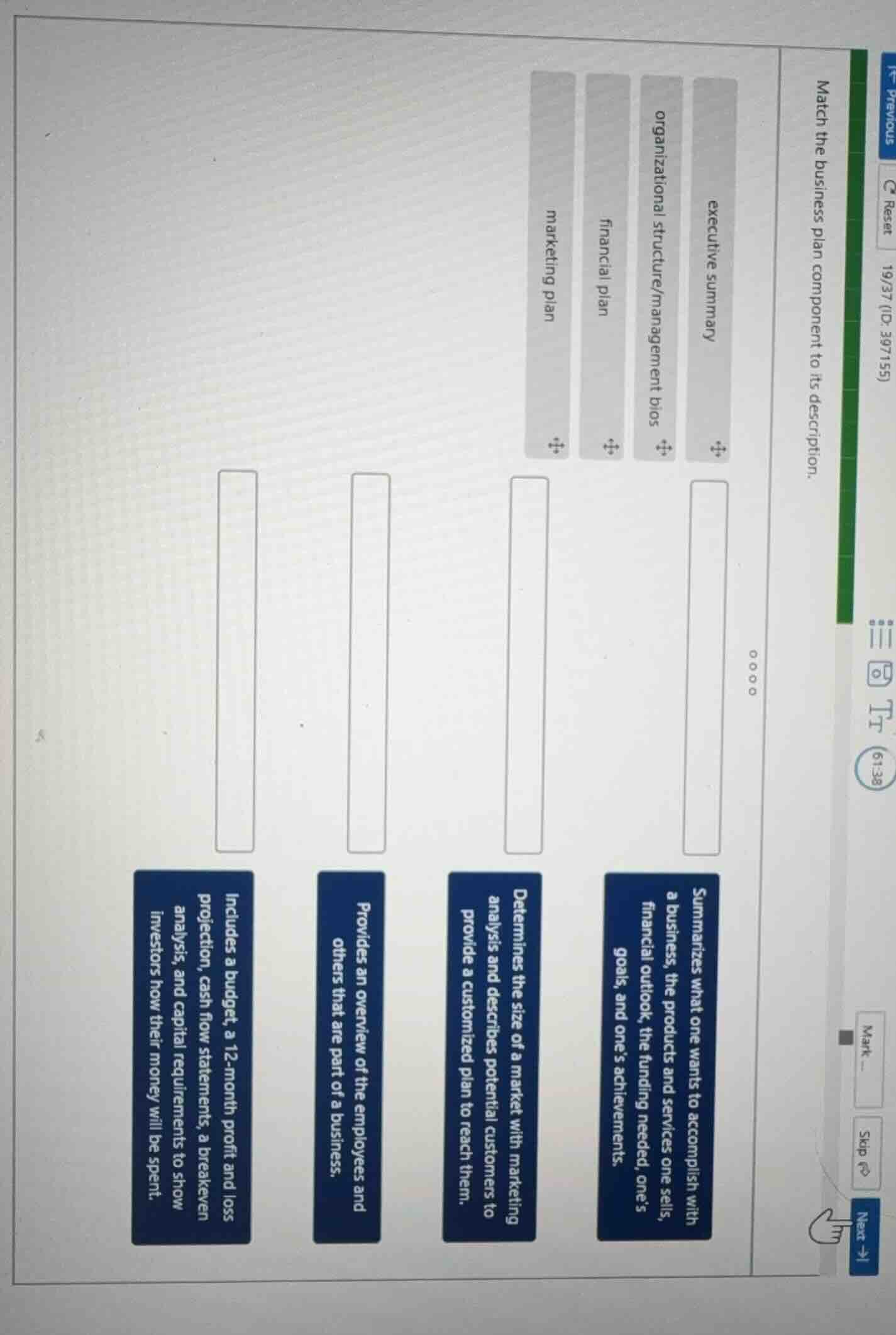 match the business plan component to its description. executive summary…