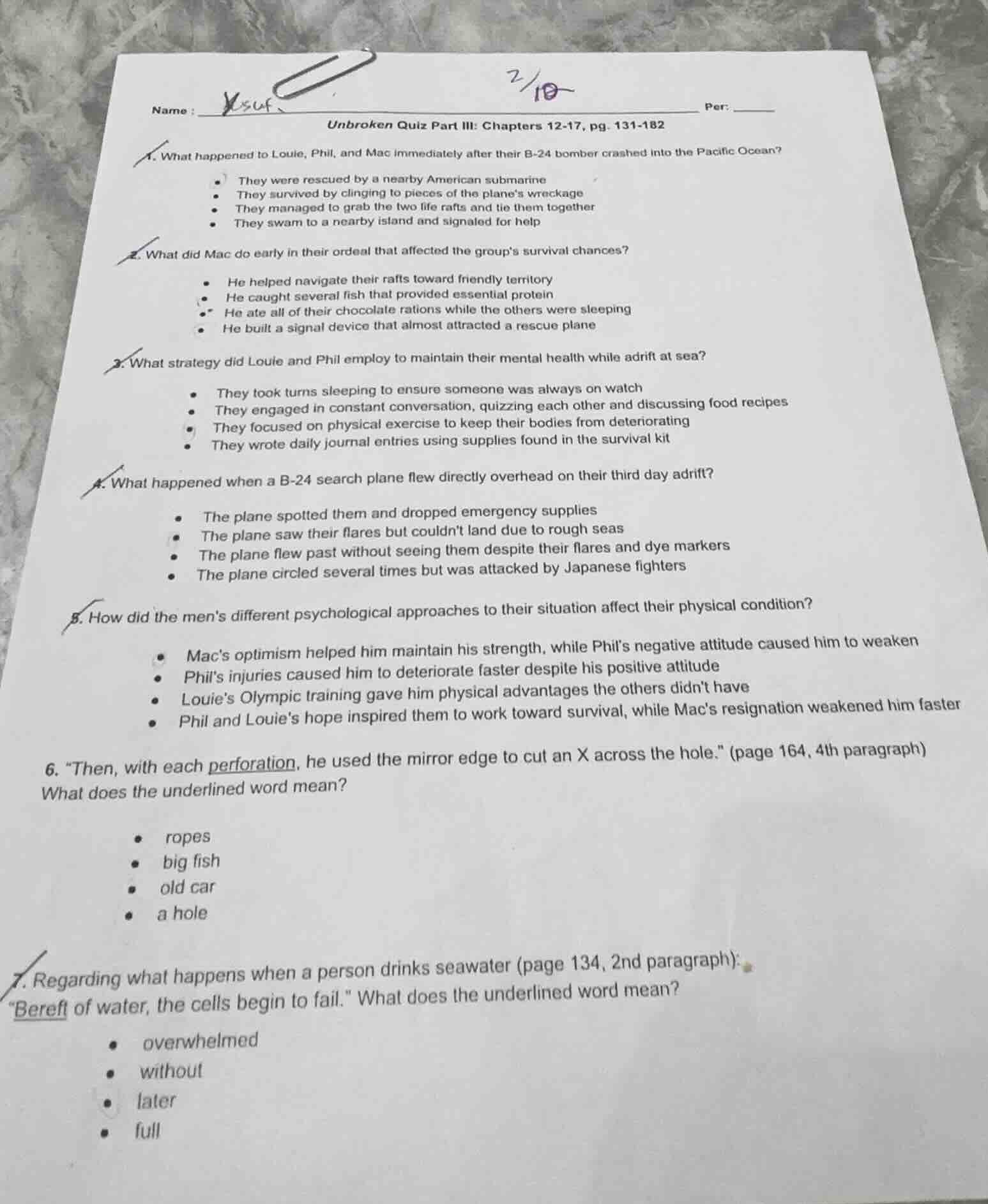 name : unbroken quiz part iii: chapters 12-17, pg. 131-182 per: 1. what…