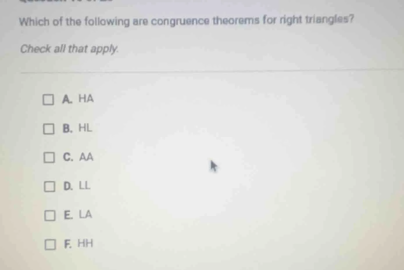 which of the following are congruence theorems for right triangles? che…