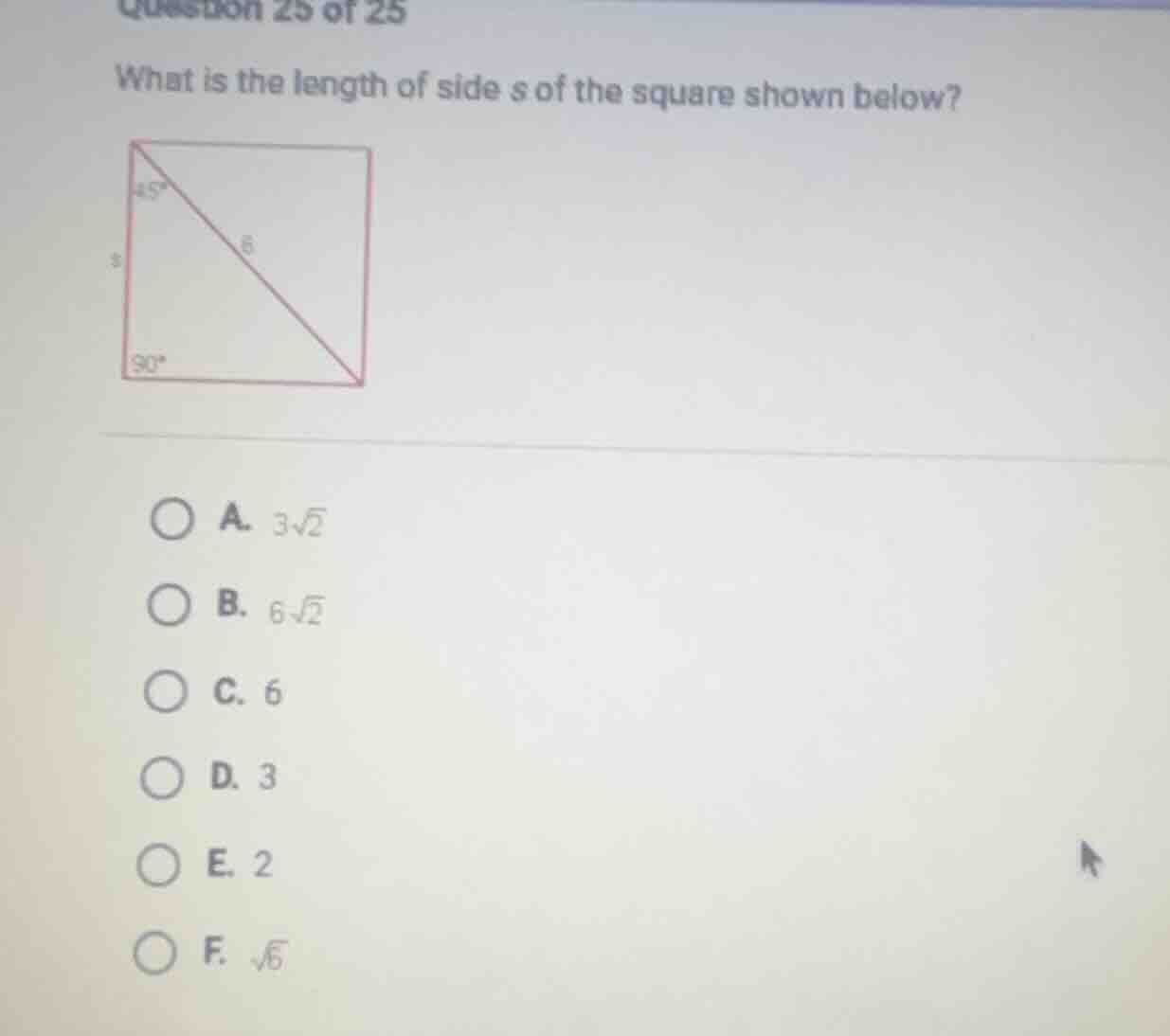 question 25 of 25 what is the length of side s of the square shown belo…