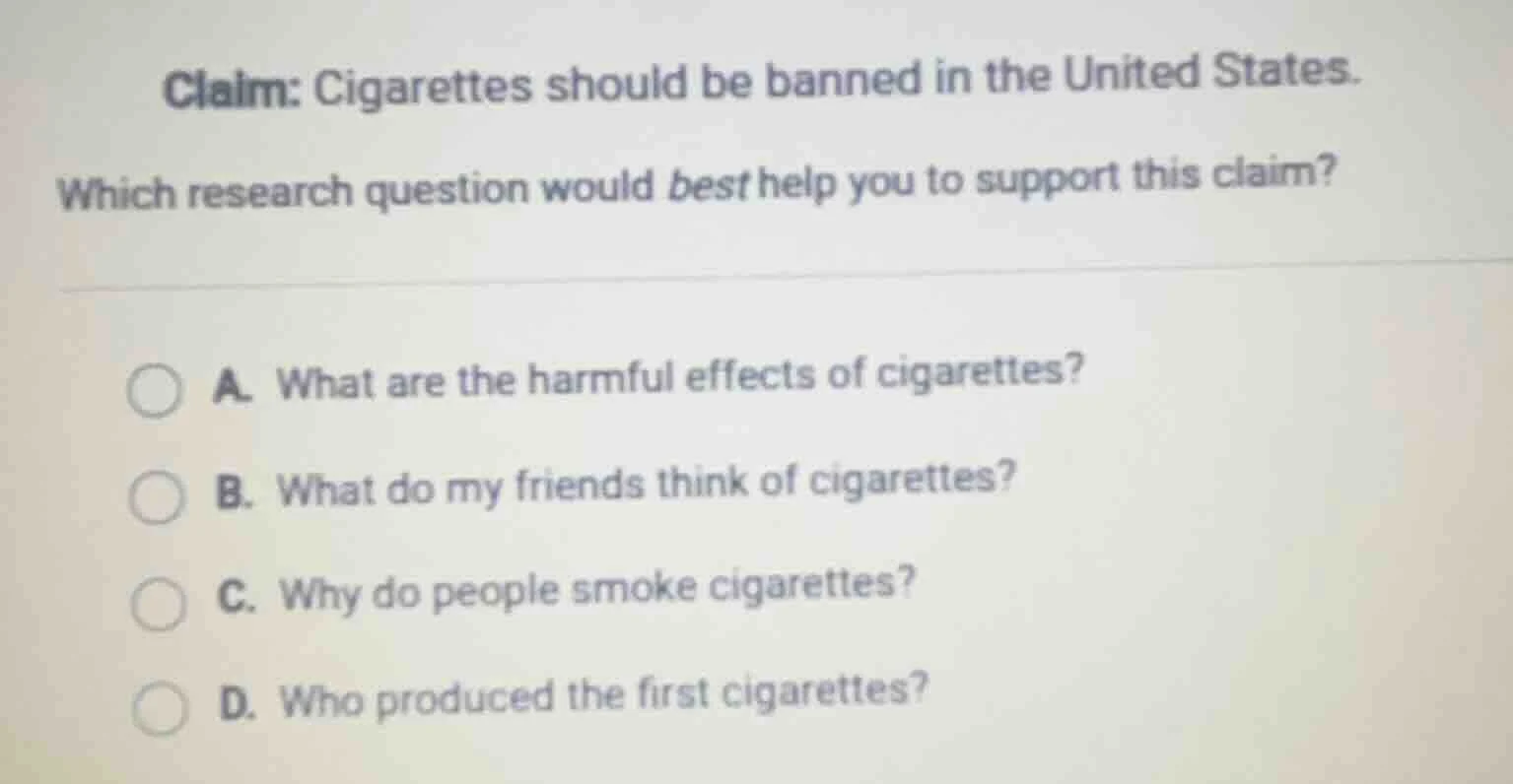 claim: cigarettes should be banned in the united states. which research…