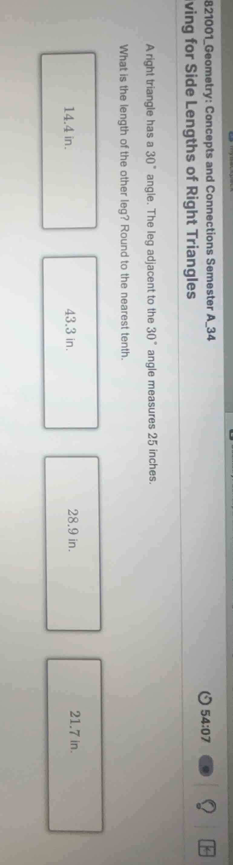 a right triangle has a 30° angle. the leg adjacent to the 30° angle mea…