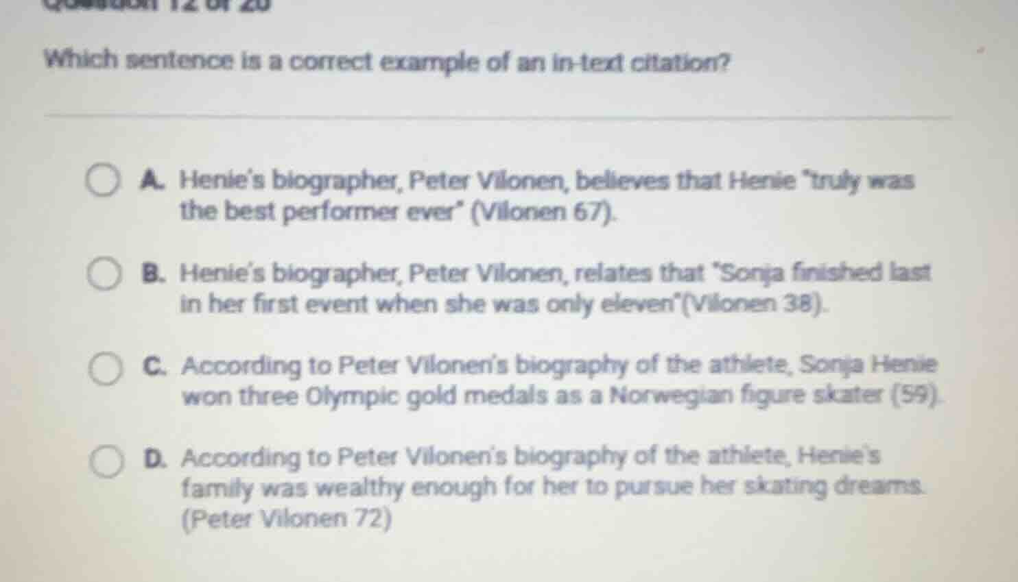 which sentence is a correct example of an in - text citation? a. henie’…