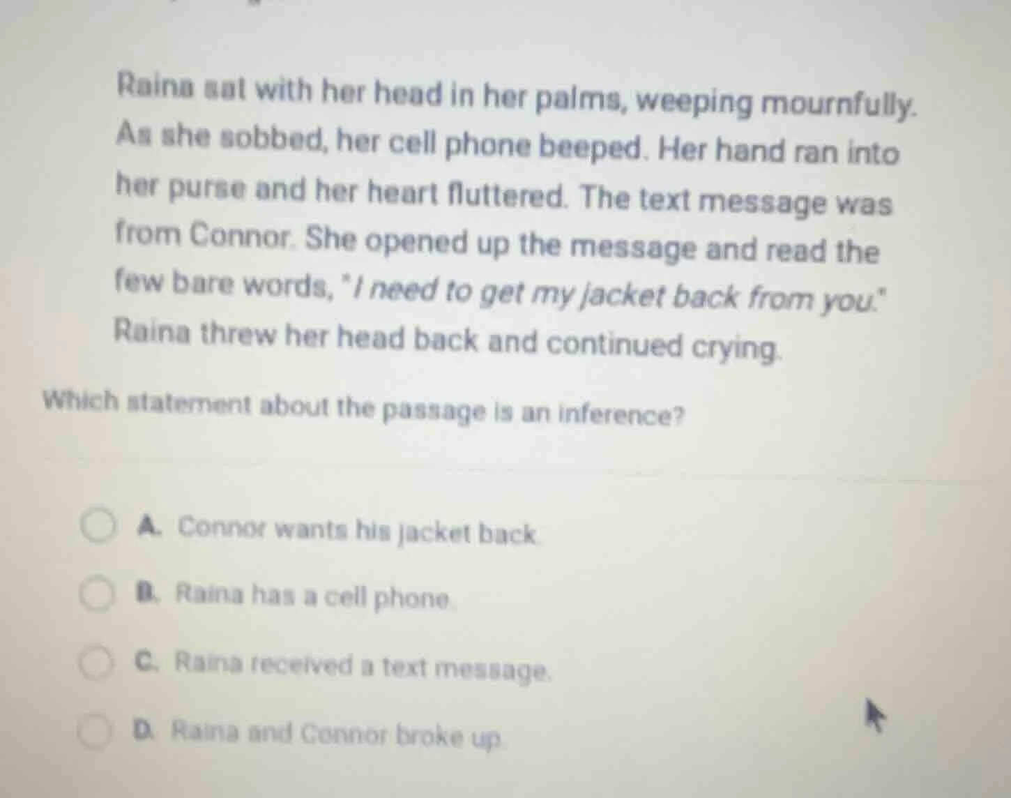 raina sat with her head in her palms, weeping mournfully. as she sobbed…