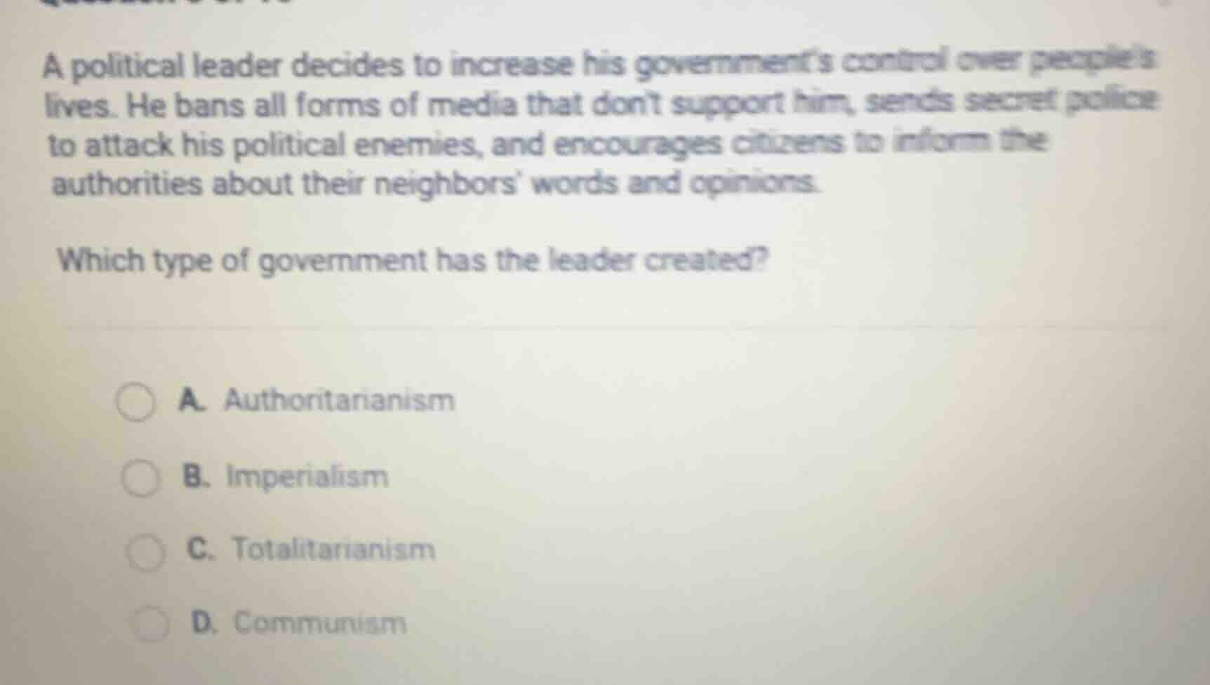 a political leader decides to increase his government’s control over pe…