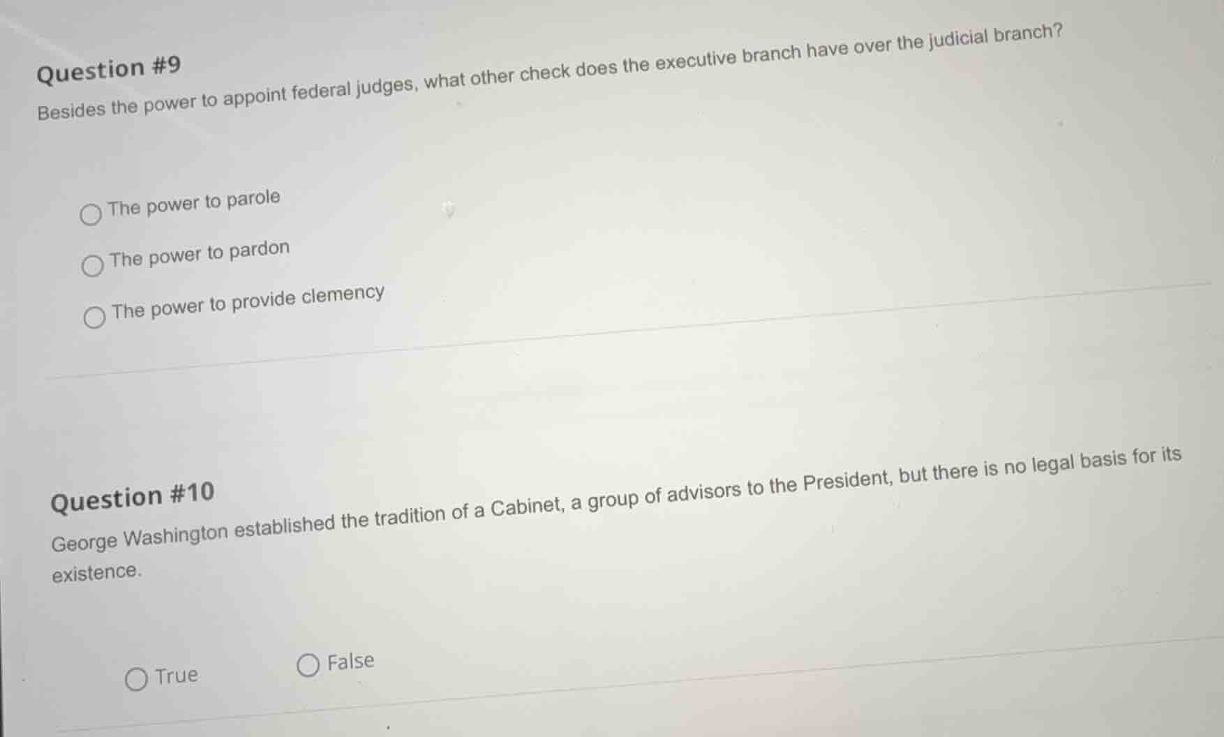 question #9 besides the power to appoint federal judges, what other che…