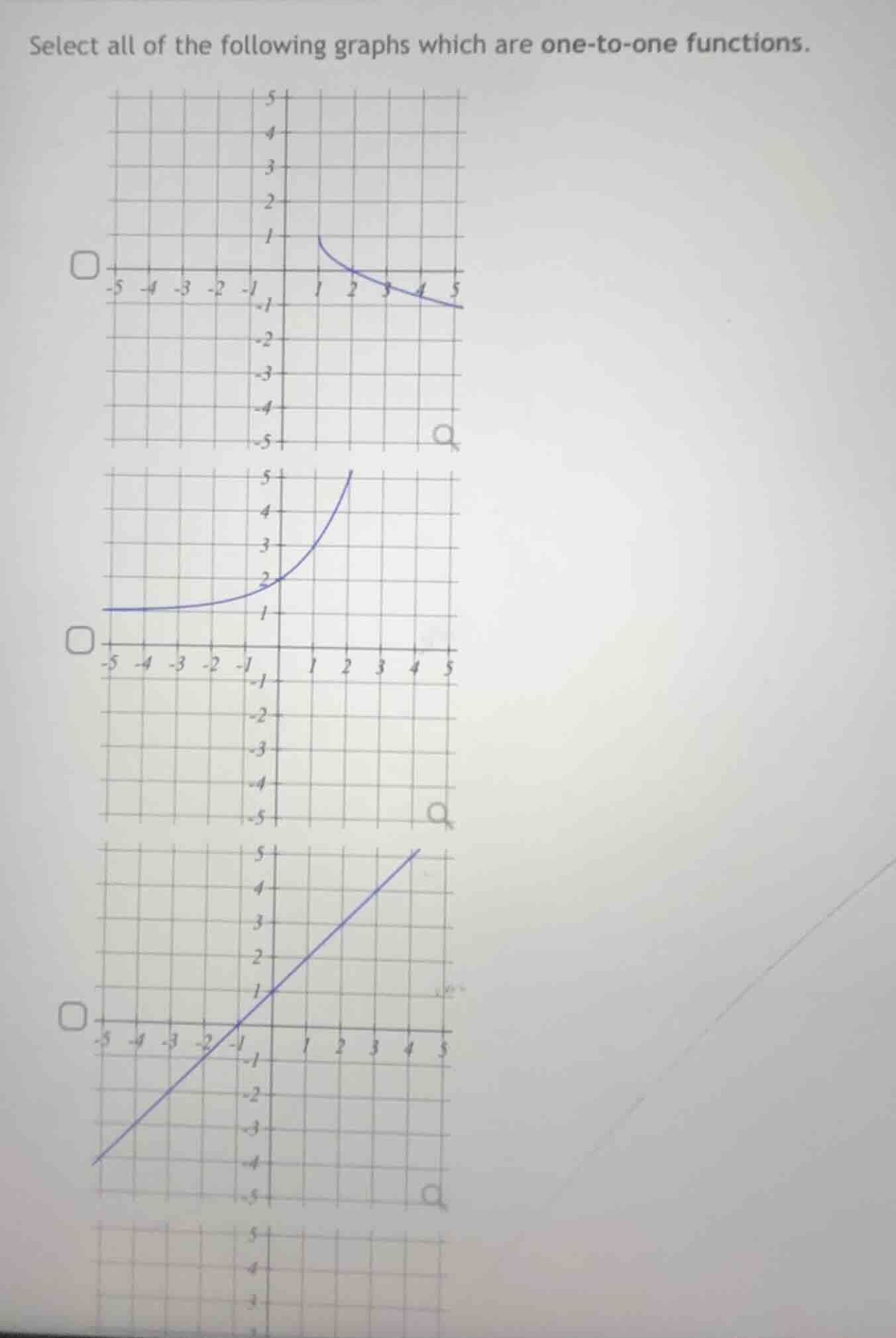 select all of the following graphs which are one-to-one functions.
