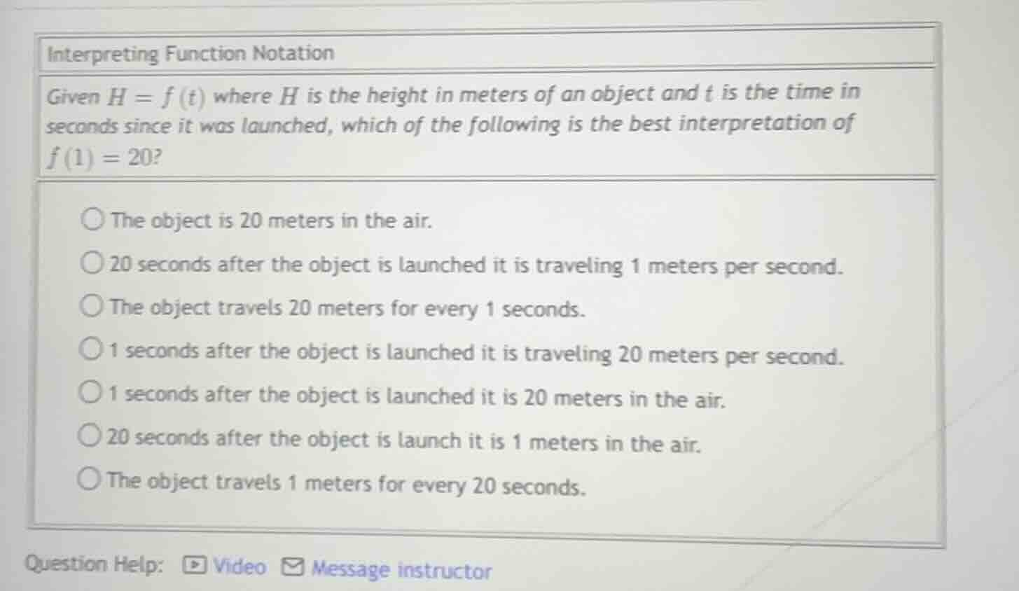 interpreting function notation given ( h = f(t) ) where ( h ) is the he…