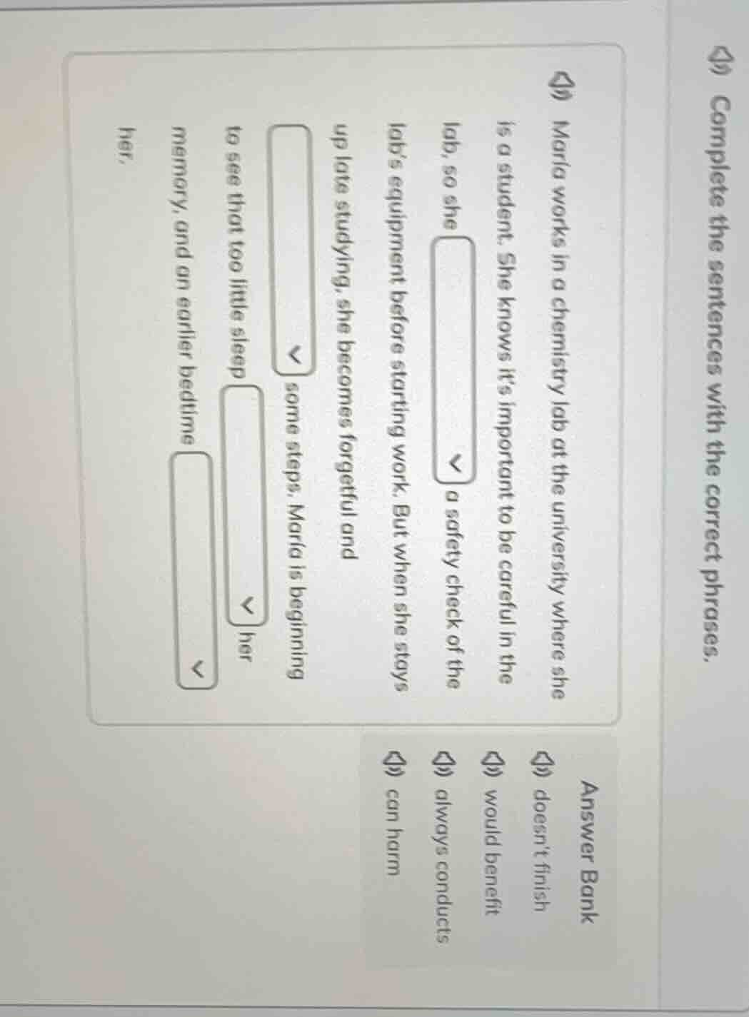 complete the sentences with the correct phrases. maria works in a chemi…