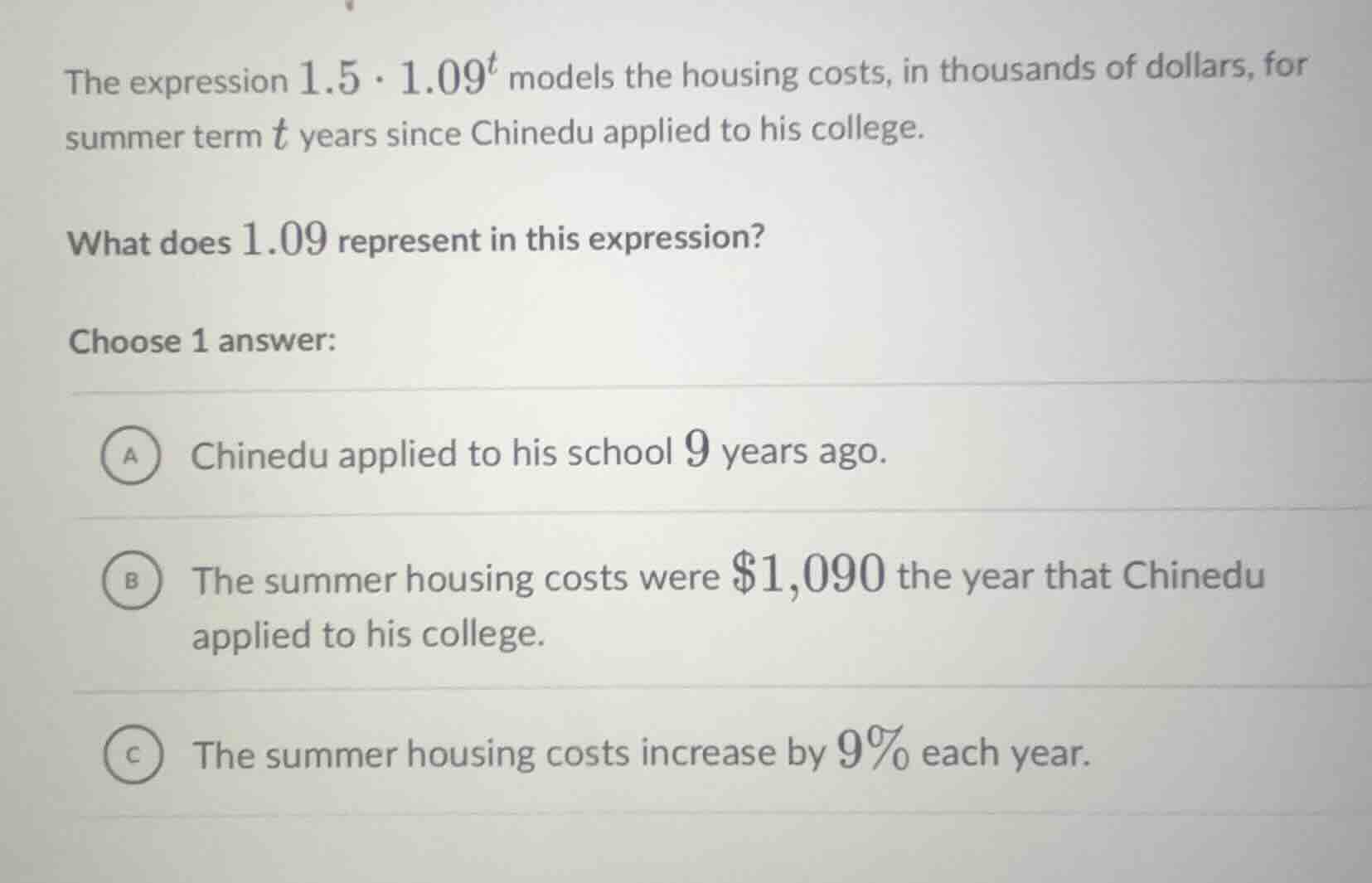 the expression $1.5 \\cdot 1.09^t$ models the housing costs, in thousan…