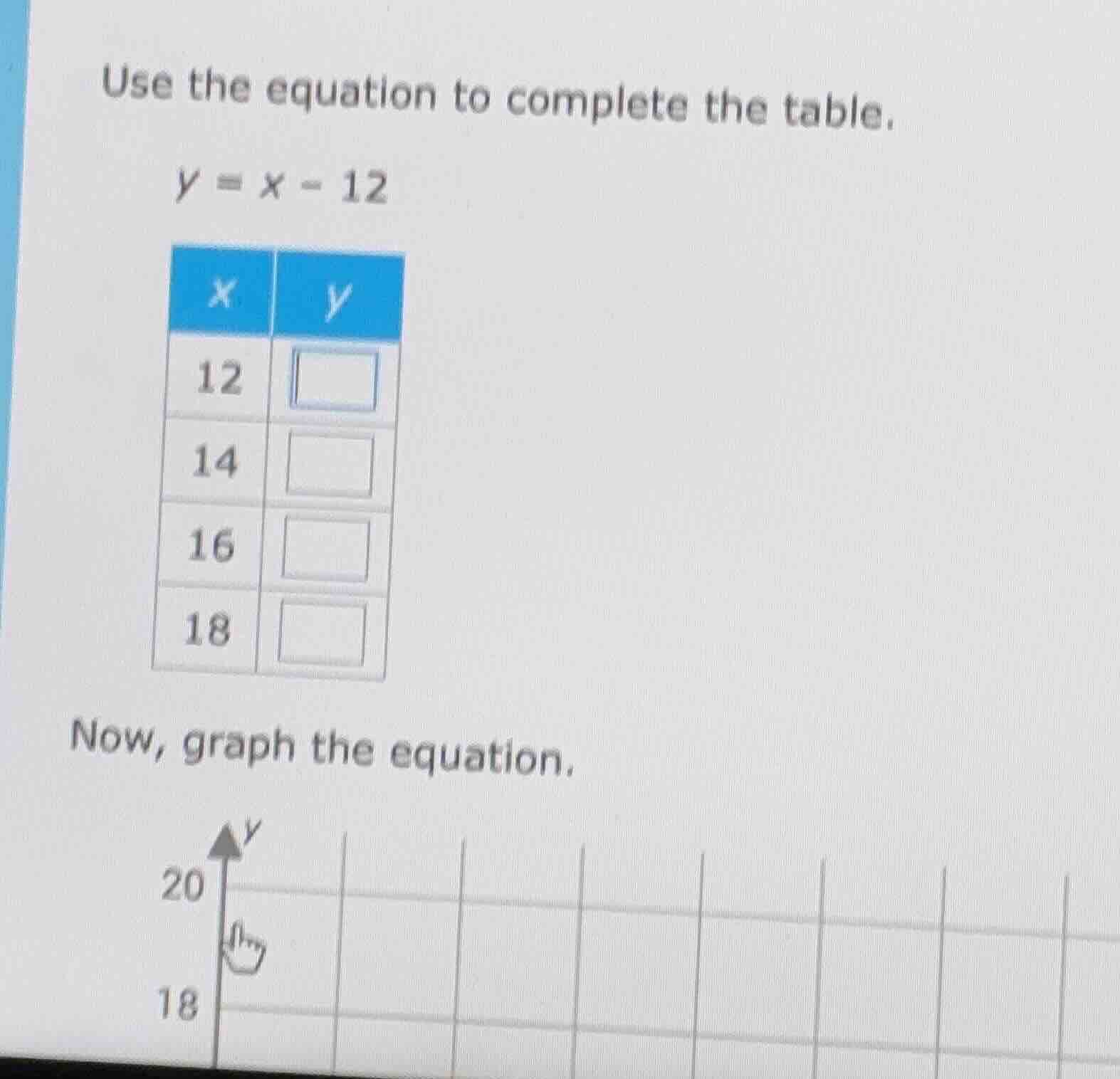 use the equation to complete the table. y = x - 12 | x | y | |----|----…