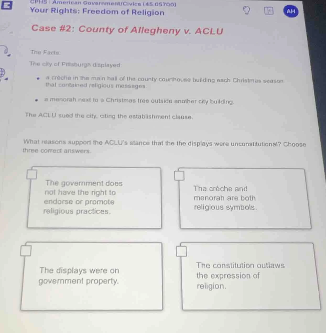 cphs : american government/civics (45.05700) your rights: freedom of re…