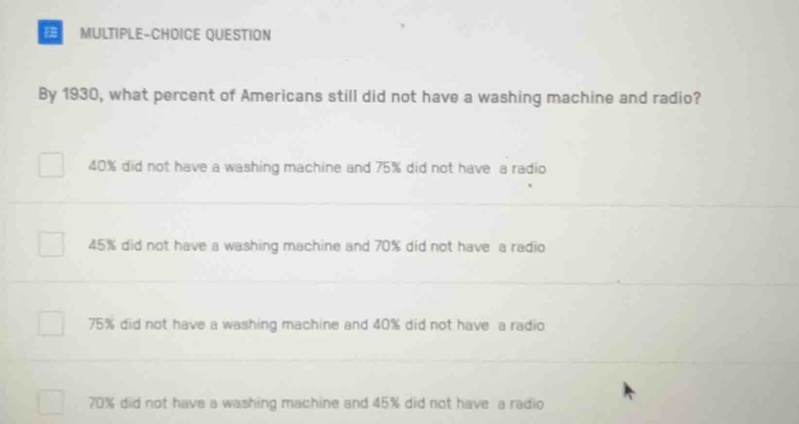 multiple-choice question by 1930, what percent of americans still did n…