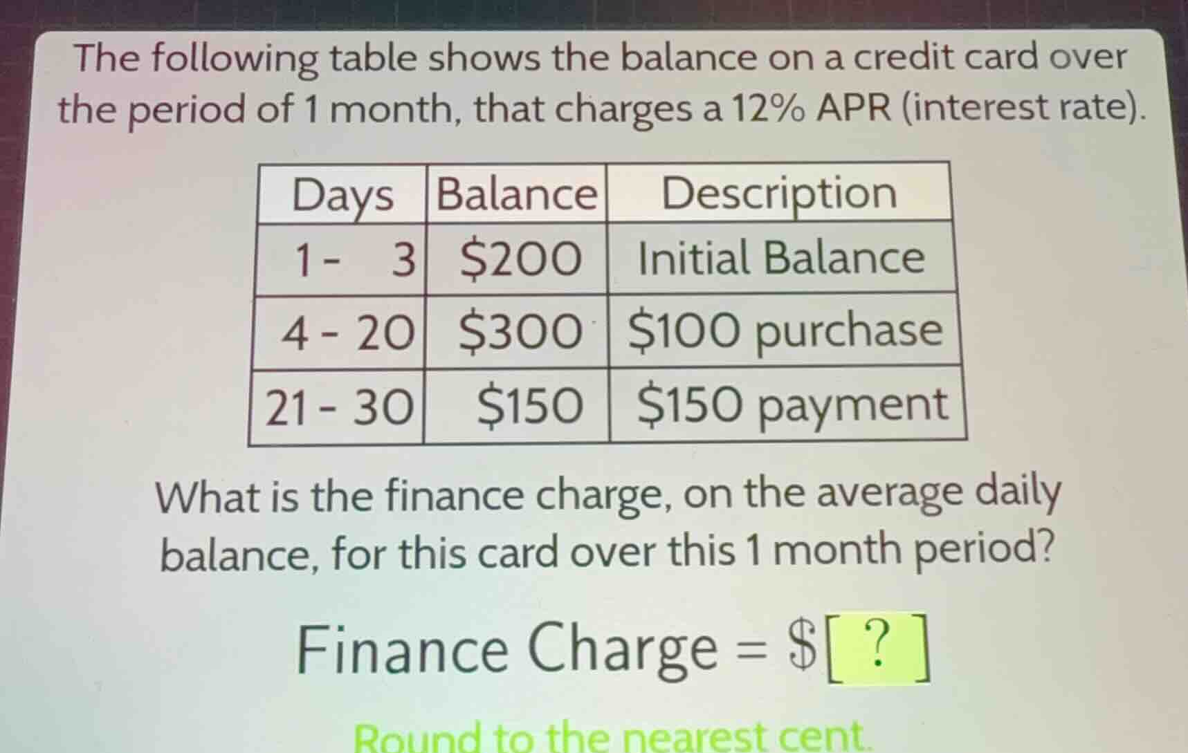 the following table shows the balance on a credit card over the period …