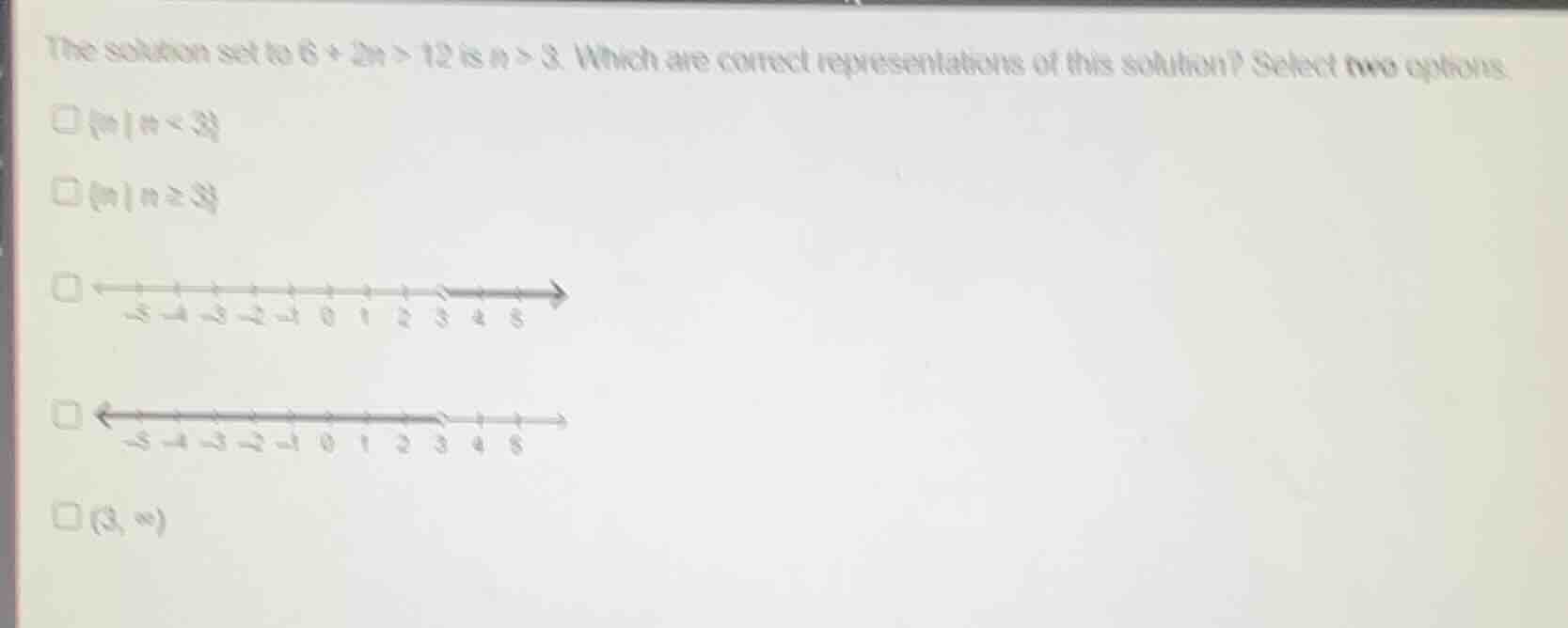 the solution set to $6 + 2n > 12$ is $n > 3$. which are correct represe…