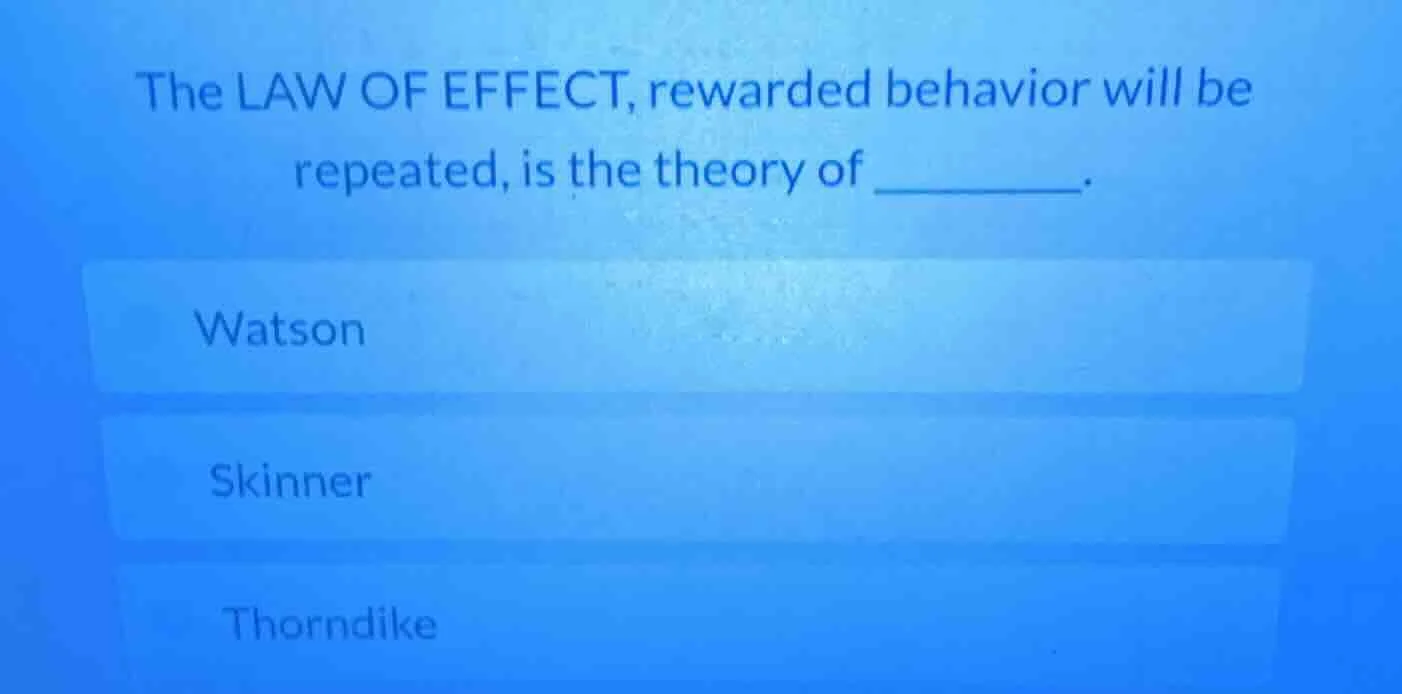 the law of effect, rewarded behavior will be repeated, is the theory of…