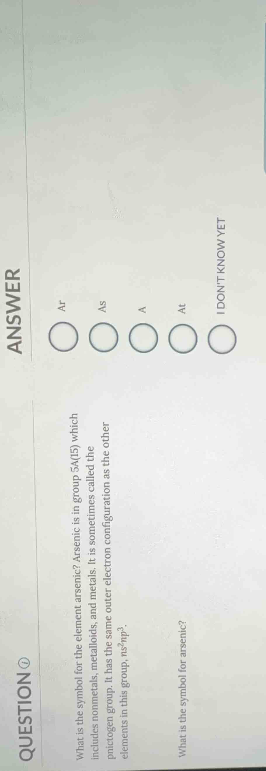 what is the symbol for the element arsenic? arsenic is in group 5a(15) …