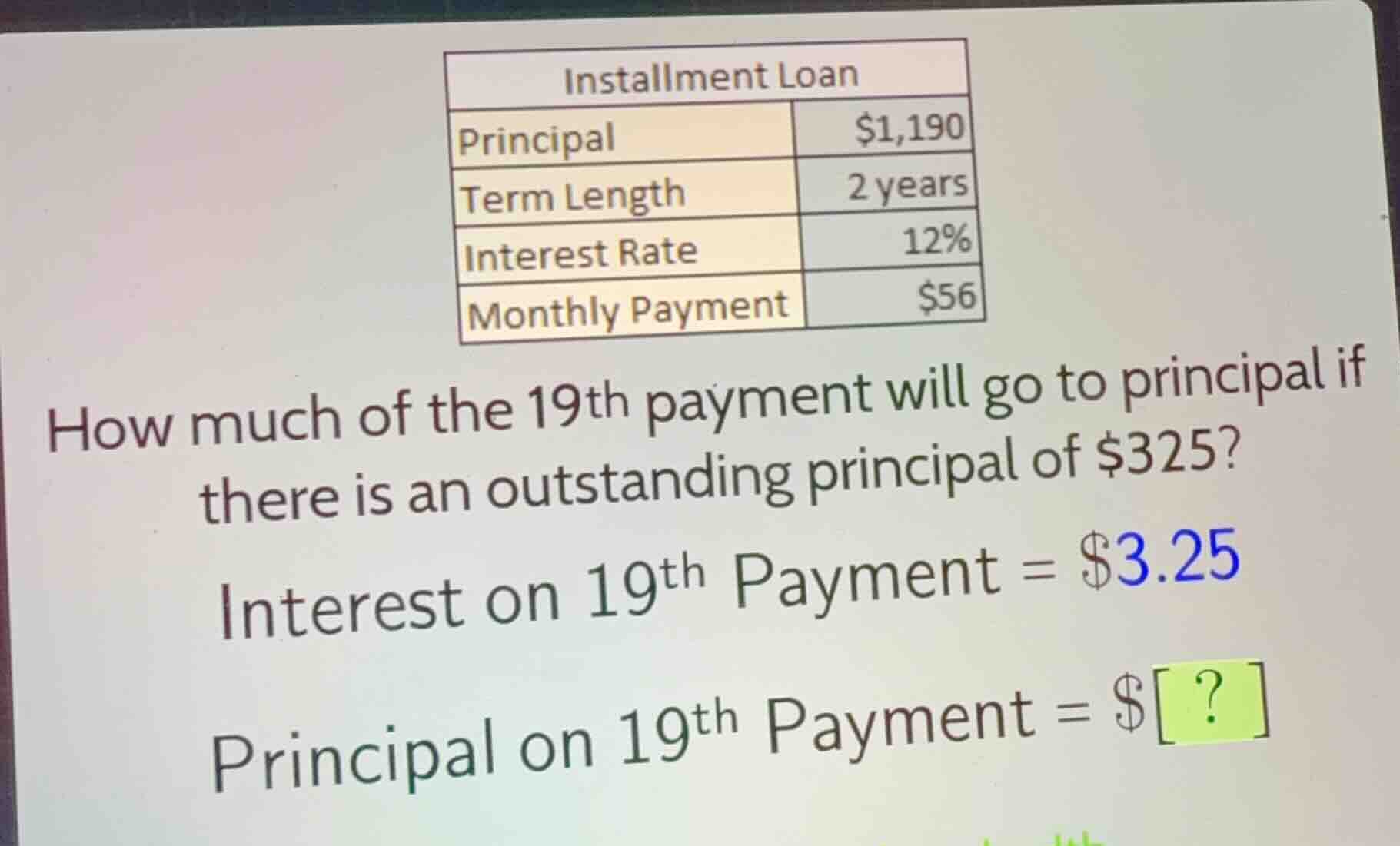 installment loan principal $1,190 term length 2 years interest rate 12%…