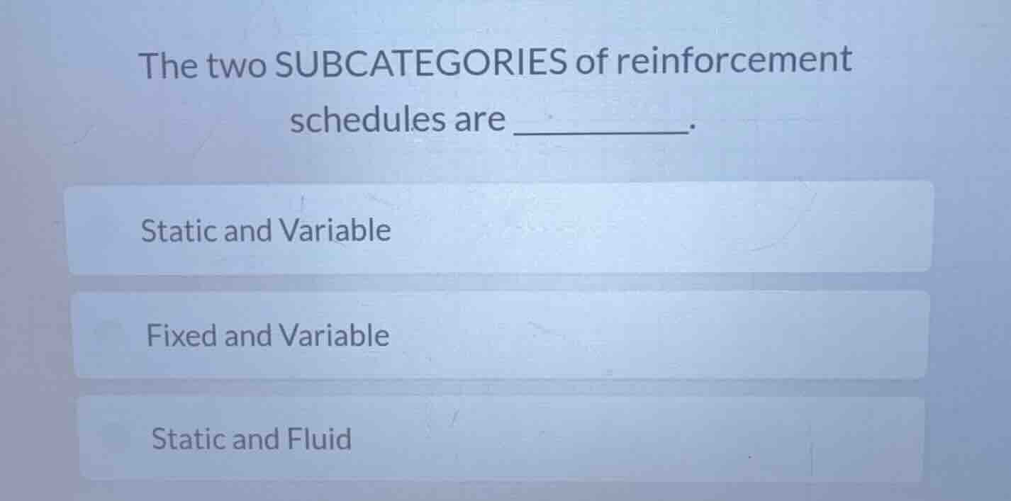 the two subcategories of reinforcement schedules are _______. static an…