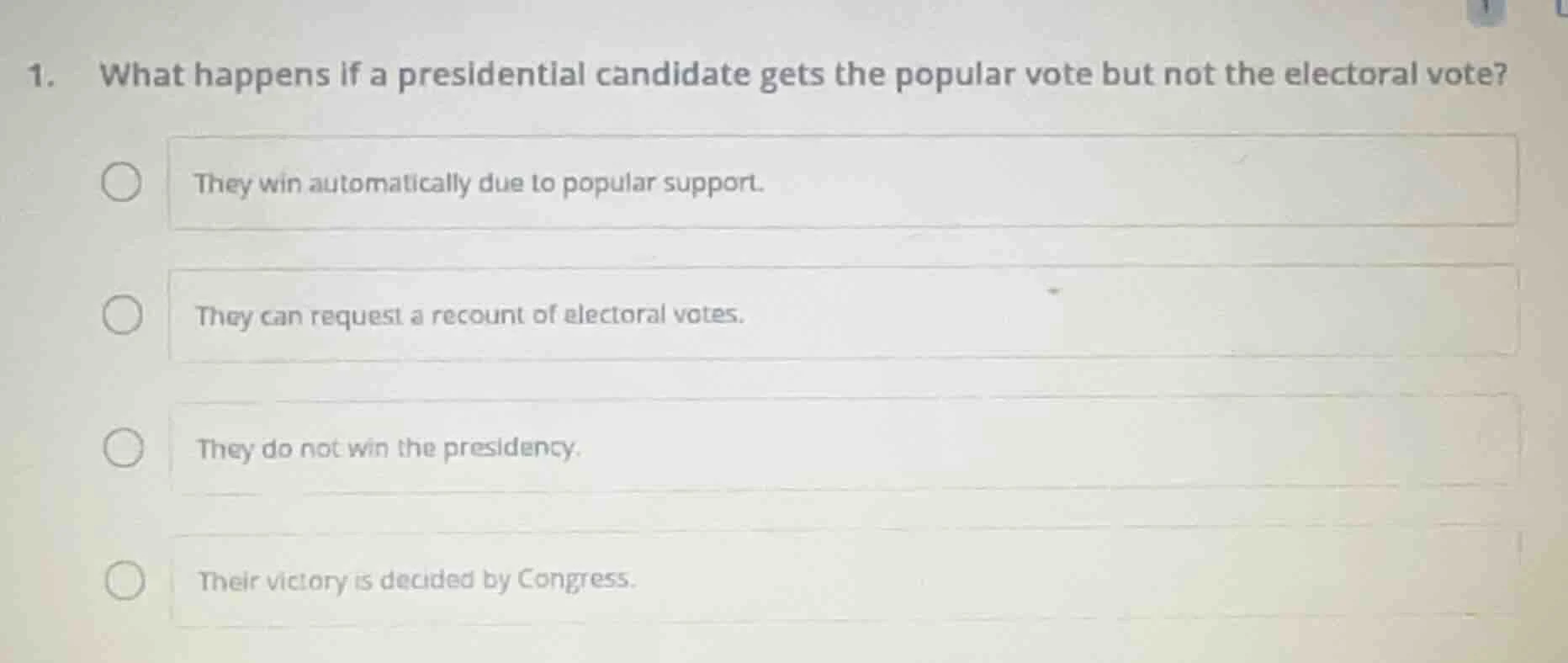 1. what happens if a presidential candidate gets the popular vote but n…