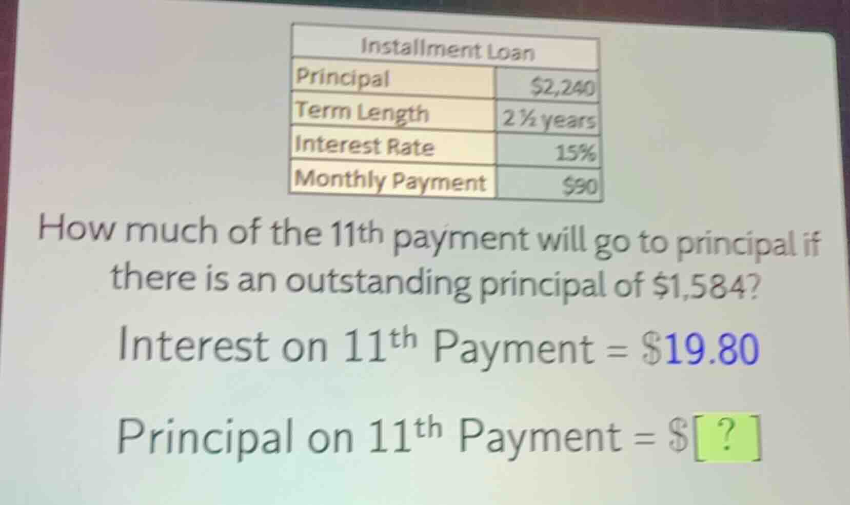 installment loan principal $2,240 term length 2 ½ years interest rate 1…