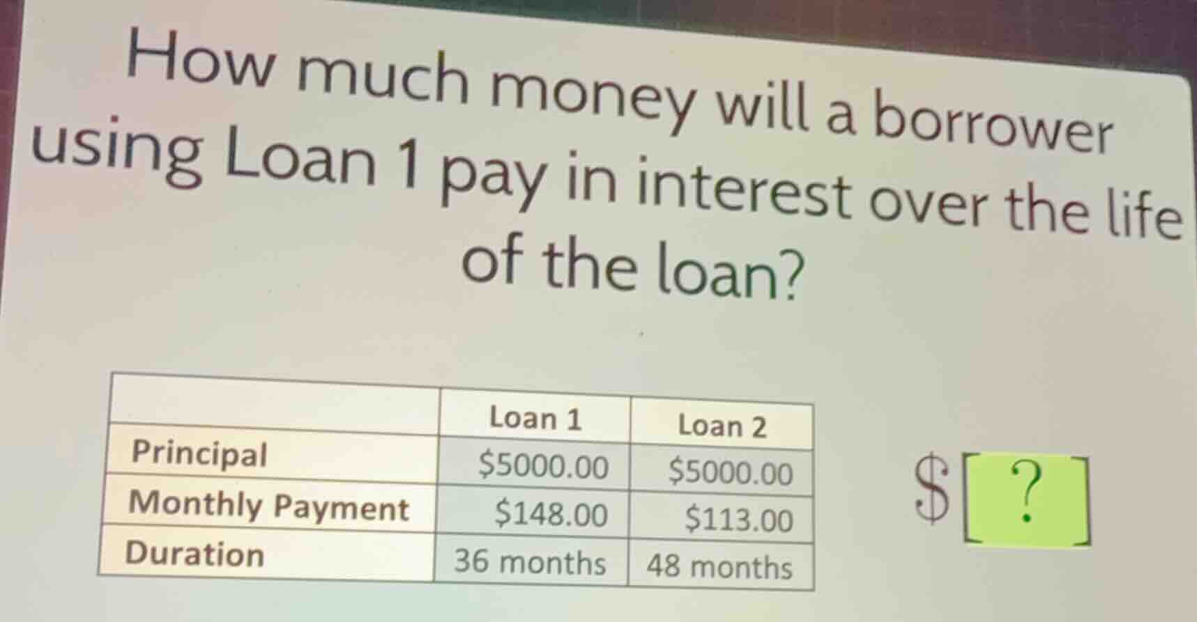 how much money will a borrower using loan 1 pay in interest over the li…