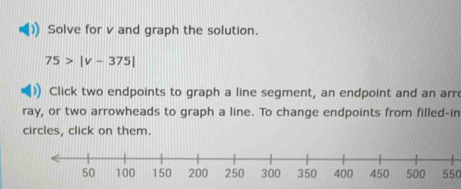 solve for v and graph the solution. 75 > |v - 375| click two endpoints …